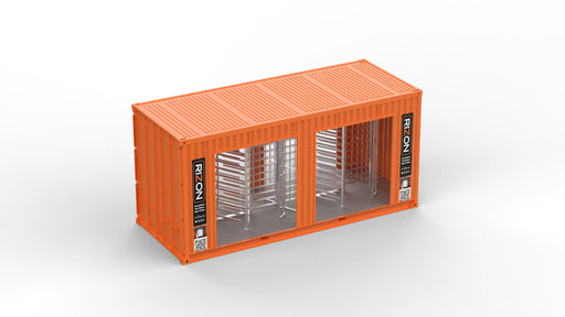 Orange shipping container with metal shelves on a white background