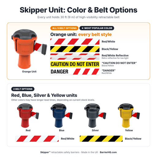 Skipper unit color and belt options: orange in all 5 belts; red, blue, silver and yellow in red/white or black/yellow