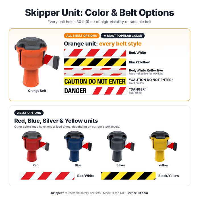 Skipper unit color and belt options: orange in all 5 belts; red, blue, silver and yellow in red/white or black/yellow