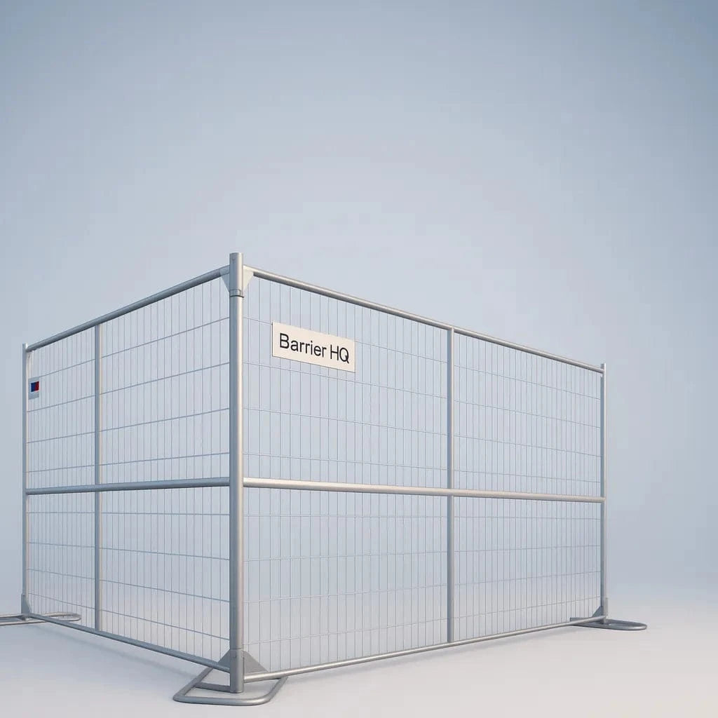 Metal fence barrier with 'Barrier HQ' sign on a light blue background