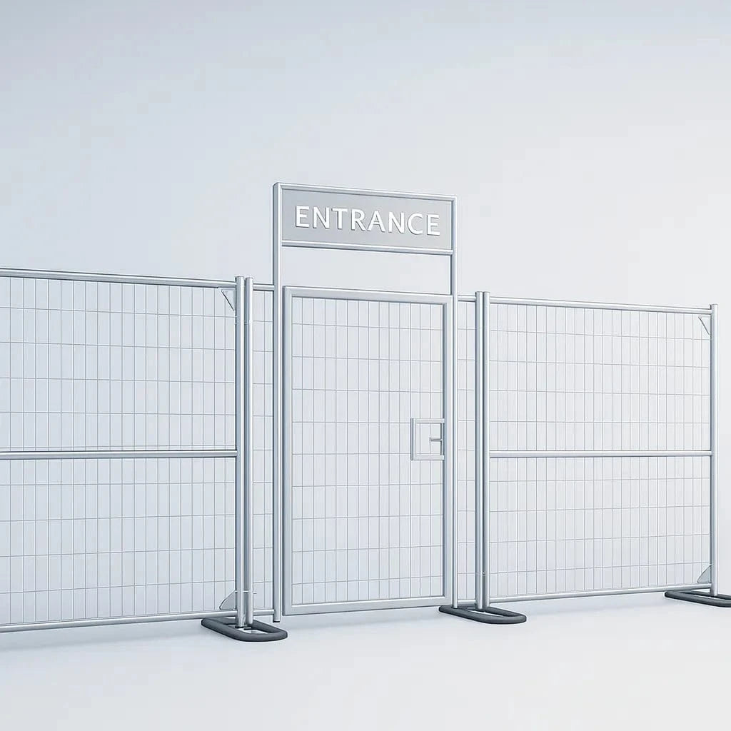 Metal mesh entrance gate with 'ENTRANCE' - Temporary Fence Gate.