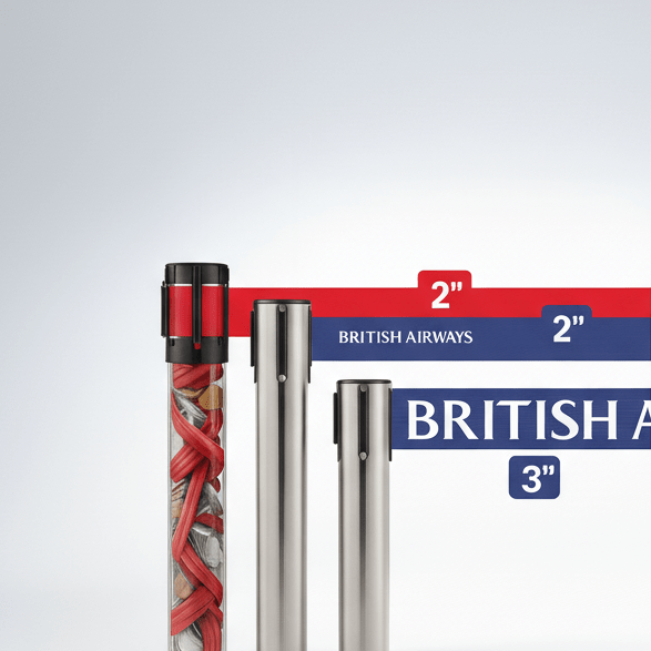 Stainless steel poles with British Airways branding and size indicators on a gray background