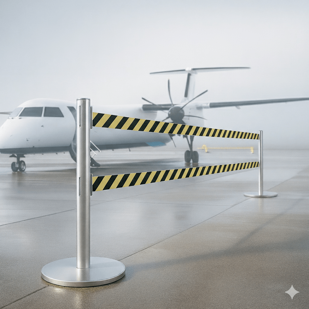 Retractable barrier with a yellow and black striped tape in front of an airplane on a runway.
