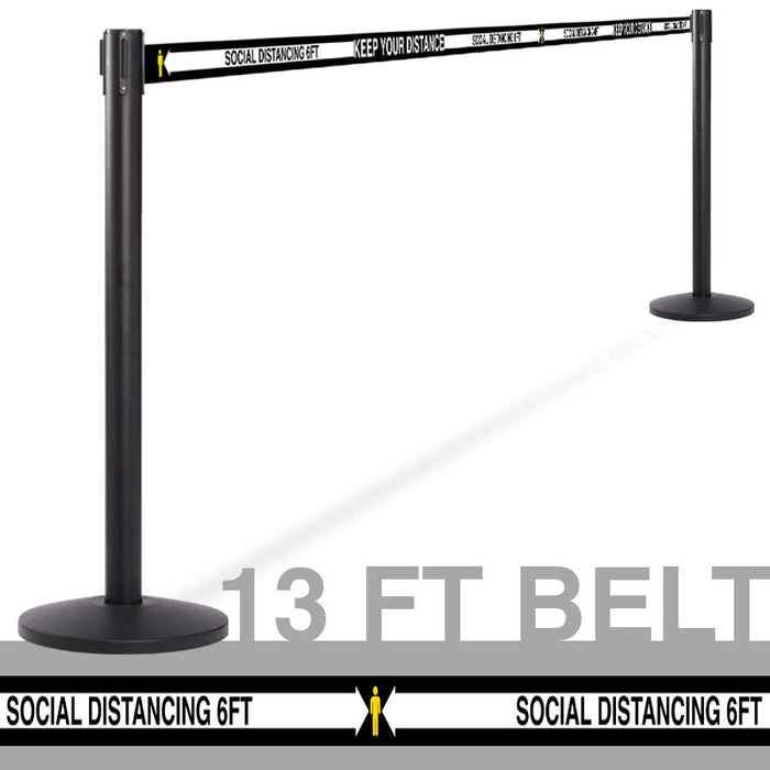 Crowd Control Stanchion 13' ft. Retractable Belt “Social Distancing” (COVID-19) QU900SDS - BarrierHQ.com
