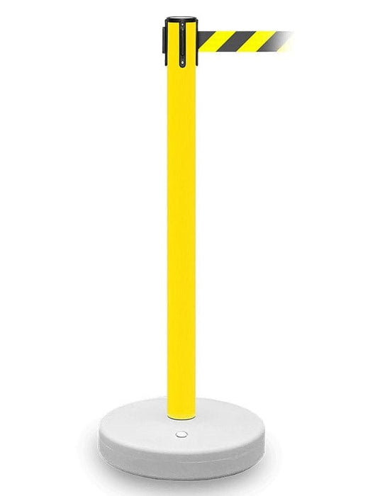 GuardMaster 250 - Yellow PVC Belt Stanchion with 8.5’ ft Chevron Belt and Fillable Base QUGMY-YB85CV GM250 - BarrierHQ.com