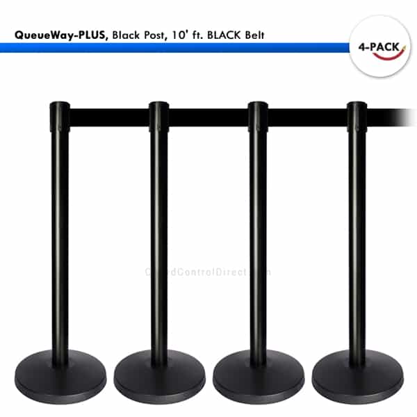 Kit: 4 QueueWay-PLUS Stanchions, Black Post, 10' ft. BLACK Belt - BarrierHQ.com