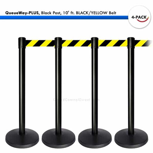 Kit: 4 QueueWay-PLUS Stantions, Black Post, 10' ft. BLACK/YELLOW Belt - BarrierHQ.com