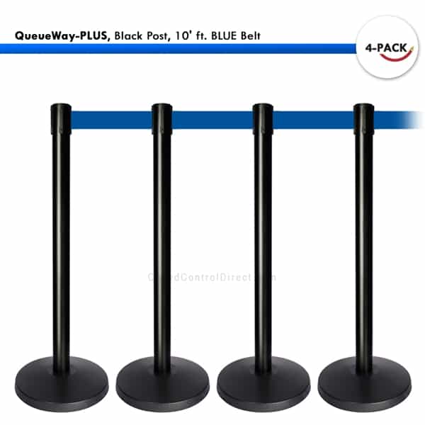 Kit: 4 QueueWay-PLUS Stantions, Black Post, 10' ft. BLUE Belt - BarrierHQ.com