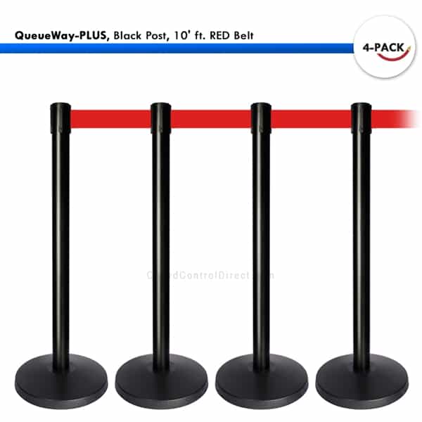 Kit 4 QueueWay PLUS Stantions Black Post 10 ft Red Belt