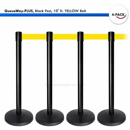 Kit: 4 QueueWay-PLUS Stantions, Black Post, 10' ft. Yellow Belt - BarrierHQ.com