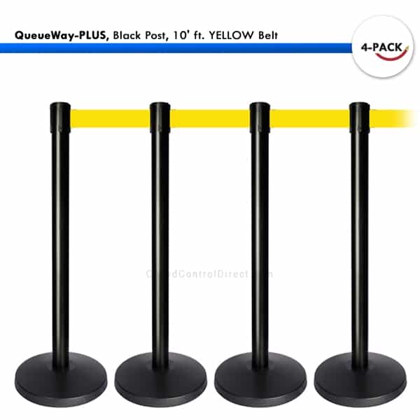 Kit: 4 QueueWay-PLUS Stantions, Black Post, 10' ft. Yellow Belt - BarrierHQ.com
