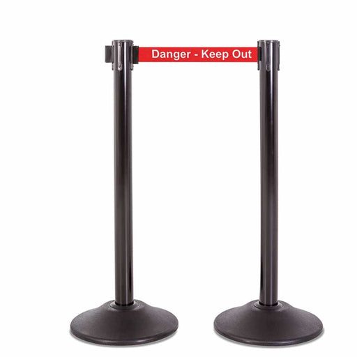 Premium Retractable Belt Stanchion - Black steel post with 15lb base & 7.5' "Danger - Keep Out" belt (2 pack) - BarrierHQ.com