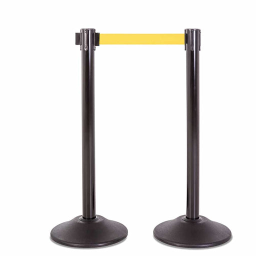 Premium Retractable Belt Stanchion - Black steel post with 15lb base & 7.5' yellow belt (2 pack) - BarrierHQ.com