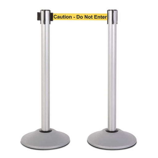 Premium Retractable Belt Stanchion - Silver powder coated steel post with 15lb base & 7.5' "Caution - Do Not Enter" belt (2 pack) - BarrierHQ.com