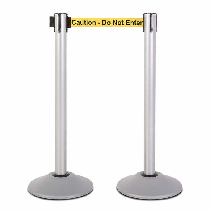 Premium Retractable Belt Stanchion - Silver powder coated steel post with 15lb base & 7.5' "Caution - Do Not Enter" belt