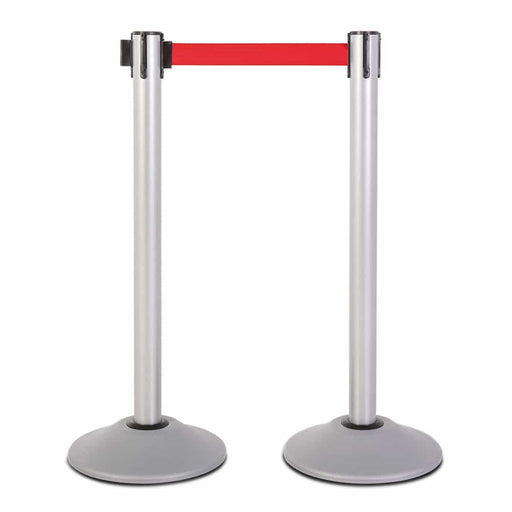 Premium Retractable Belt Stanchion - Silver powder coated steel post with 15lb base & 7.5' red belt (2 pack) - BarrierHQ.com