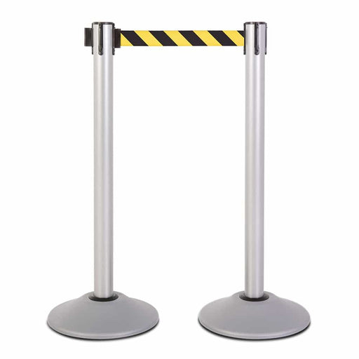 Premium Retractable Belt Stanchion - Silver powder coated steel post with 15lb base & 7.5' safety yellow/black chevron belt