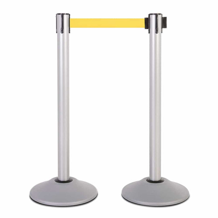 Premium Retractable Belt Stanchion - Silver powder coated steel post with 15lb base & 7.5' yellow belt (2 pack)