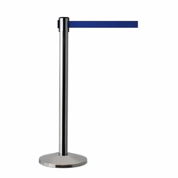 QueueWay Retractable Belt Stanchion, Polished Stainless Post, BLUE 7.5' ft. Belt - BarrierHQ.com