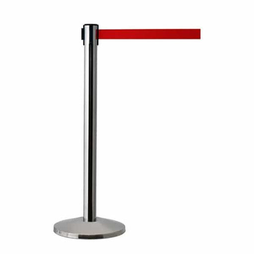QueueWay Retractable Belt Stanchion, Polished Stainless Post, RED 7.5' ft. Belt - BarrierHQ.com