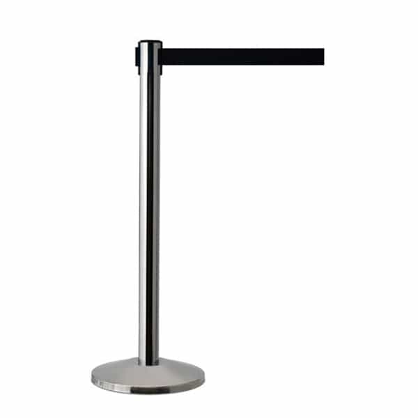 QueueWay Retractable Belt Stanchion, Satin Stainless Post, BLACK 7.5' ft. Belt - BarrierHQ.com