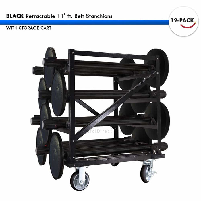 SET: 12 BLACK Retractable 11' ft. Belt Stanchions, with Storage Cart - BarrierHQ.com
