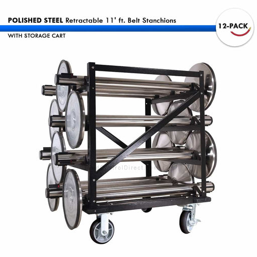 SET: 12 POLISHED STEEL Retractable 11' ft. Belt Stanchions, with Storage Cart - BarrierHQ.com