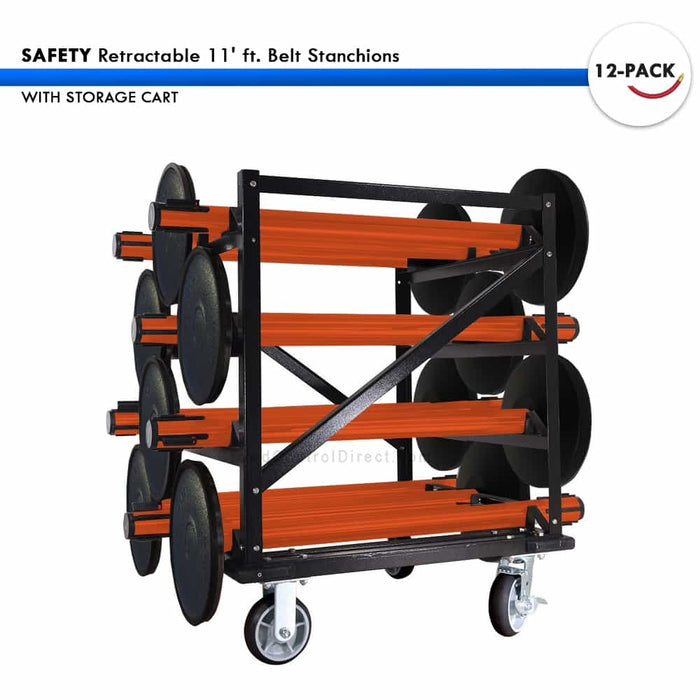 SET: 12 SAFETY Retractable 11' ft. Belt Stanchions, with Storage Cart - BarrierHQ.com
