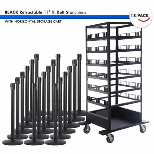 SET: 18 BLACK Retractable 11' ft. Belt Stanchions, with Horizontal Storage Cart - BarrierHQ.com
