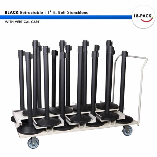 SET: 18 BLACK Retractable 11' ft. Belt Stanchions, with Vertical Storage Cart - BarrierHQ.com