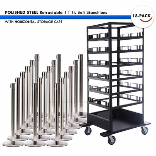 SET: 18 POLISHED STEEL Retractable 11' ft. Belt Stanchions, with Horizontal Storage Cart - BarrierHQ.com