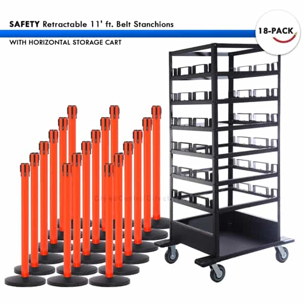 SET: 18 SAFETY Retractable 11' ft. Belt Stanchions, with Horizontal Storage Cart - BarrierHQ.com