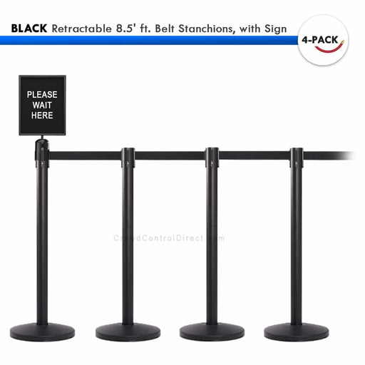 SET: 4 BLACK Retractable 8.5' ft. Belt Stanchions, with Sign - BarrierHQ.com