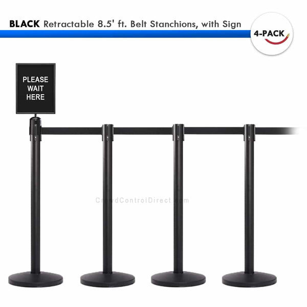 SET: 4 Retractable 8.5’ ft. Belt Stanchions, with Sign