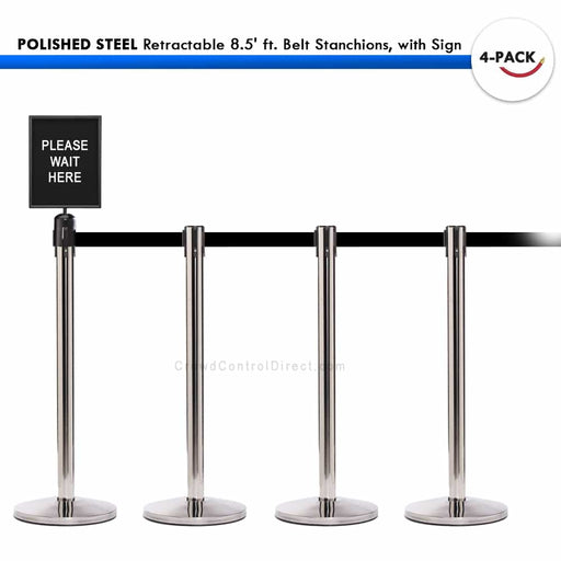 SET: 4 POLISHED STEEL Retractable 8.5' ft. Belt Stanchions, with Sign - BarrierHQ.com