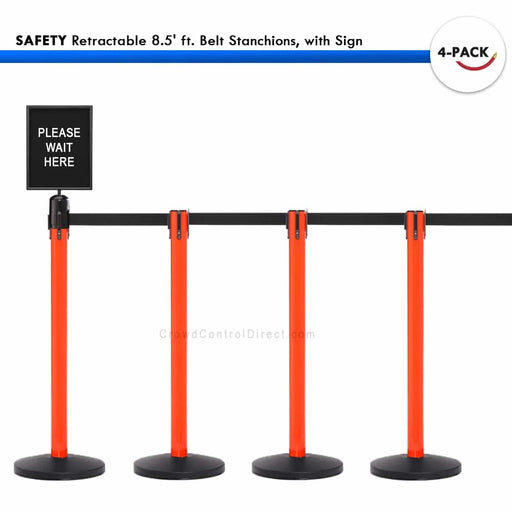 SET: 4 SAFETY Retractable 8.5' ft. Belt Stanchions, with Sign - BarrierHQ.com