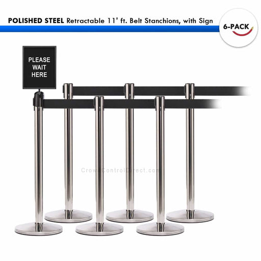 SET: 6 POLISHED STEEL Retractable 11' ft. Belt Stanchions, with Sign - BarrierHQ.com