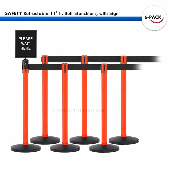 SET: 6 SAFETY Retractable 11' ft. Belt Stanchions, with Sign - BarrierHQ.com