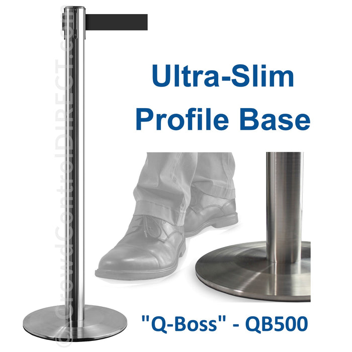 Ultra-Slim Profile 11' ft. Belt Stanchion - Stainless Steel - "Q-Boss" QB500 - BarrierHQ.com